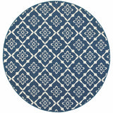 8' X 8' Blue and Ivory Round Floral Stain Resistant Indoor Outdoor Area Rug
