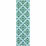 2' X 8' Blue and Green Geometric Stain Resistant Indoor Outdoor Area Rug