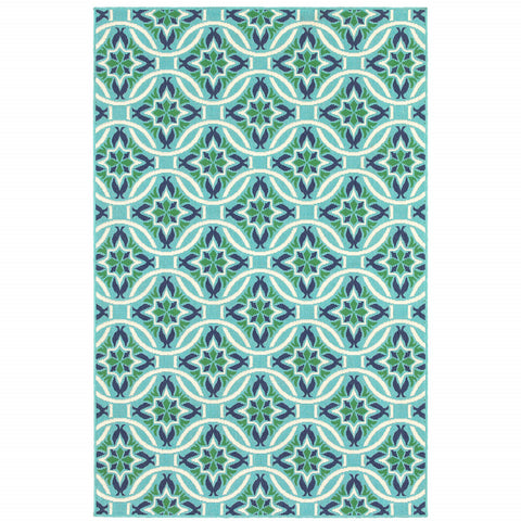 5' X 8' Blue and Green Geometric Stain Resistant Indoor Outdoor Area Rug