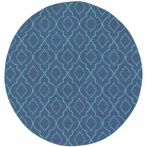 8' X 8' Blue Round Geometric Stain Resistant Indoor Outdoor Area Rug