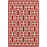 5' X 8' Red and Ivory Geometric Stain Resistant Indoor Outdoor Area Rug