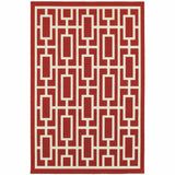 7' X 10' Red and Ivory Geometric Stain Resistant Indoor Outdoor Area Rug