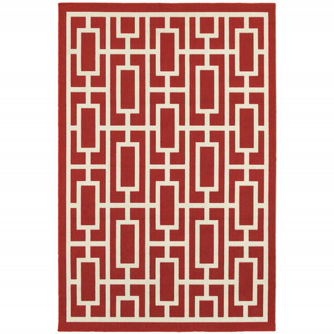 7' X 10' Red and Ivory Geometric Stain Resistant Indoor Outdoor Area Rug