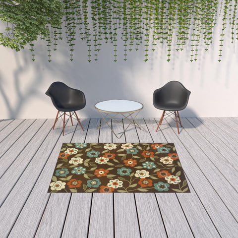 5' X 8' Brown and Ivory Floral Stain Resistant Indoor Outdoor Area Rug