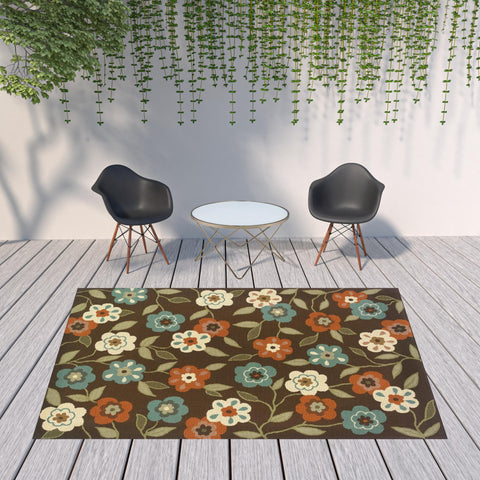 8' X 11' Brown and Ivory Floral Stain Resistant Indoor Outdoor Area Rug