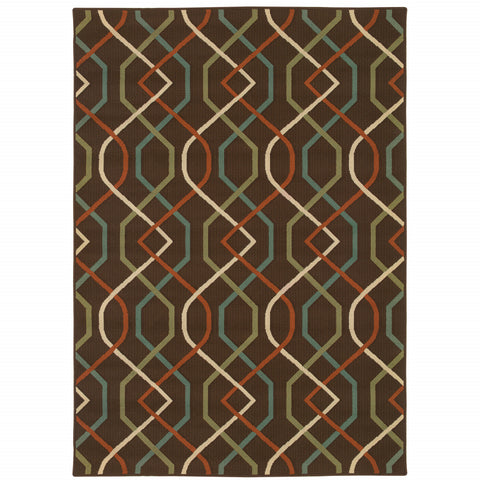 7' X 10' Brown and Ivory Geometric Stain Resistant Indoor Outdoor Area Rug