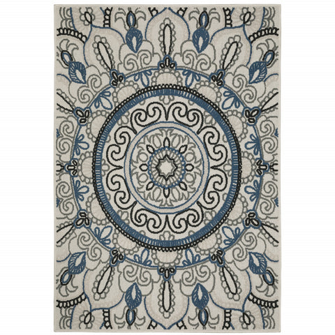 7' X 9' Blue and Beige Geometric Stain Resistant Indoor Outdoor Area Rug