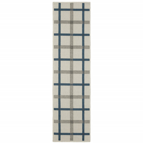 2' X 7' Blue and Beige Geometric Stain Resistant Indoor Outdoor Area Rug