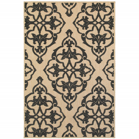 7' X 10' Beige and Black Oriental Stain Resistant Indoor Outdoor Area Rug