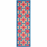 2' X 8' Blue and Beige Oriental Stain Resistant Indoor Outdoor Area Rug