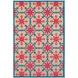 5' X 8' Blue and Beige Oriental Stain Resistant Indoor Outdoor Area Rug