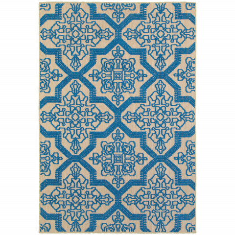 2' X 3' Blue and Beige Oriental Stain Resistant Indoor Outdoor Area Rug