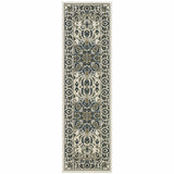 2' X 8' Ivory and Blue Oriental Stain Resistant Indoor Outdoor Area Rug