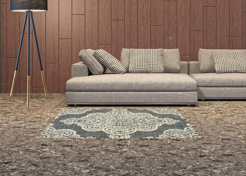 2' X 4' Gray and Ivory Oriental Stain Resistant Indoor Outdoor Area Rug