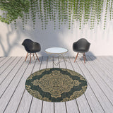 8' X 8' Black and Tan Round Oriental Stain Resistant Indoor Outdoor Area Rug