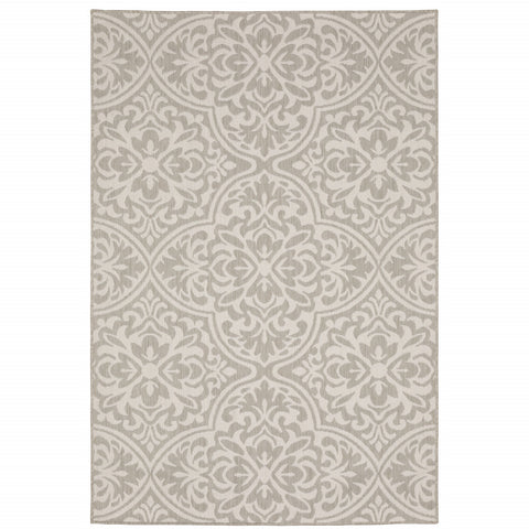 7' X 9' Gray and Ivory Floral Stain Resistant Indoor Outdoor Area Rug