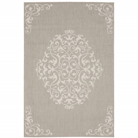 3' X 5' Gray and Ivory Oriental Stain Resistant Indoor Outdoor Area Rug