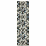 2' X 7' Blue and Beige Oriental Stain Resistant Indoor Outdoor Area Rug