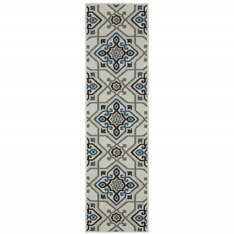 2' X 7' Blue and Beige Oriental Stain Resistant Indoor Outdoor Area Rug