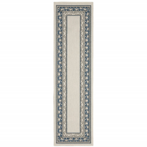 2' X 7' Blue and Beige Stain Resistant Indoor Outdoor Area Rug