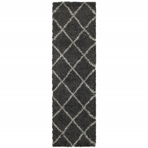 2' X 8' Charcoal And Grey Geometric Shag Power Loom Stain Resistant Runner Rug