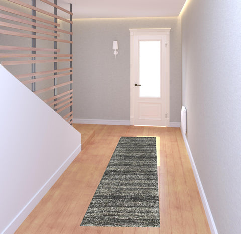 8' Black and Gray Geometric Shag Power Loom Runner Rug