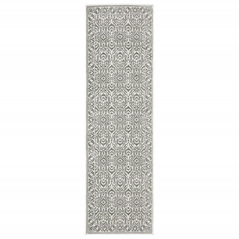 2' X 8' Grey And White Floral Power Loom Stain Resistant Runner Rug