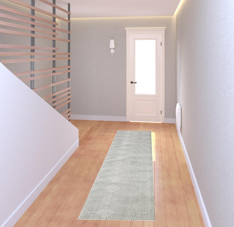 2' X 8' Grey And White Geometric Power Loom Stain Resistant Runner Rug
