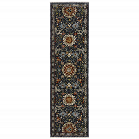 2' X 8' Blue And Ivory Oriental Power Loom Runner Rug With Fringe