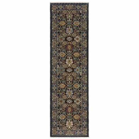 2' X 8' Blue And Beige Oriental Power Loom Runner Rug With Fringe