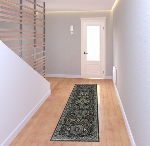 8' Blue and Ivory Oriental Power Loom Runner Rug