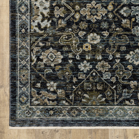 5' X 8' Blue Ivory Grey Gold Green And Brown Oriental Power Loom Stain Resistant Area Rug With Fringe