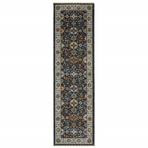 2' X 8' Blue And Beige Oriental Power Loom Runner Rug With Fringe