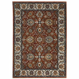 3' X 5' Red Blue Ivory Gold And Navy Oriental Power Loom Stain Resistant Area Rug With Fringe