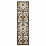 2' X 8' Beige Rust Red Blue Gold And Grey Oriental Power Loom Stain Resistant Runner Rug With Fringe