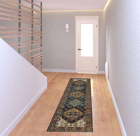 2' X 8' Blue And Beige Oriental Power Loom Runner Rug With Fringe