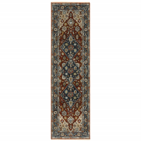 2' X 8' Blue Beige Tan Brown Gold And Rust Red Oriental Power Loom Stain Resistant Runner Rug With Fringe