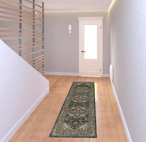 8' Blue and Green Oriental Power Loom Runner Rug