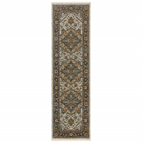 2' X 8' Ivory Beige Blue Orange Gold Green Grey And Rust Oriental Power Loom Stain Resistant Runner Rug With Fringe