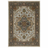 5' X 8' Ivory And Blue Oriental Area Rug With Fringe