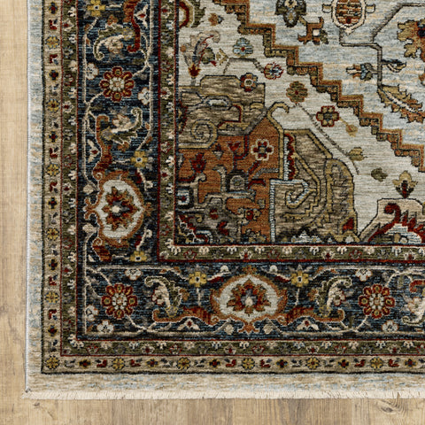 5' X 8' Ivory And Blue Oriental Area Rug With Fringe