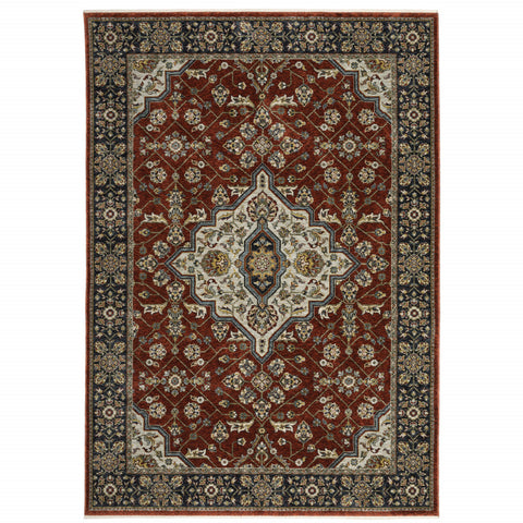 5' X 8' Red Ivory Blue Navy Gold And Grey Oriental Power Loom Stain Resistant Area Rug With Fringe