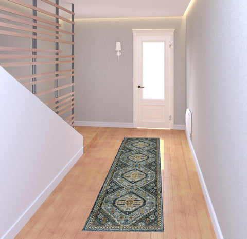 2' X 8' Blue Gold Ivory And Navy Oriental Power Loom Stain Resistant Runner Rug With Fringe