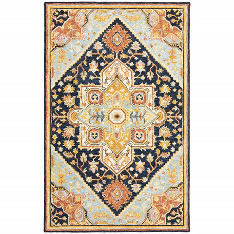 4' X 6' Navy Rust Blue Ivory And Gold Oriental Tufted Handmade Stain Resistant Area Rug
