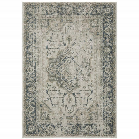 3' X 5' Beige And Blue Oriental Distressed Area Rug