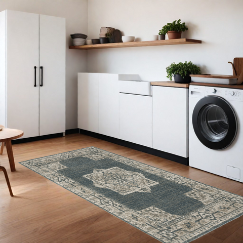 8' Blue And Beige Oriental Runner Rug