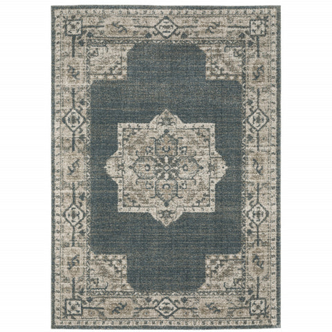 5' X 8' Blue and Beige Oriental Power Loom Area Rug