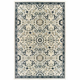 5' X 8' Ivory Navy And Gold Oriental Power Loom Stain Resistant Area Rug