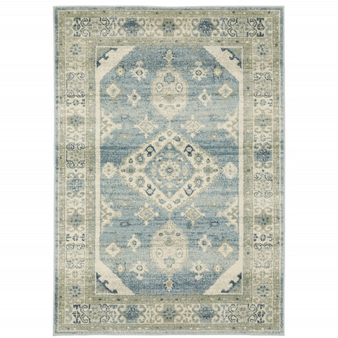 5' X 7' Blue And Beige Oriental Distressed Area Rug