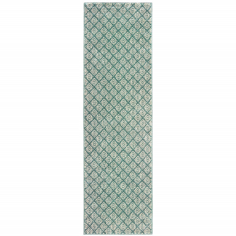 2' X 8' Foam Blue And Ivory Geometric Power Loom Stain Resistant Runner Rug